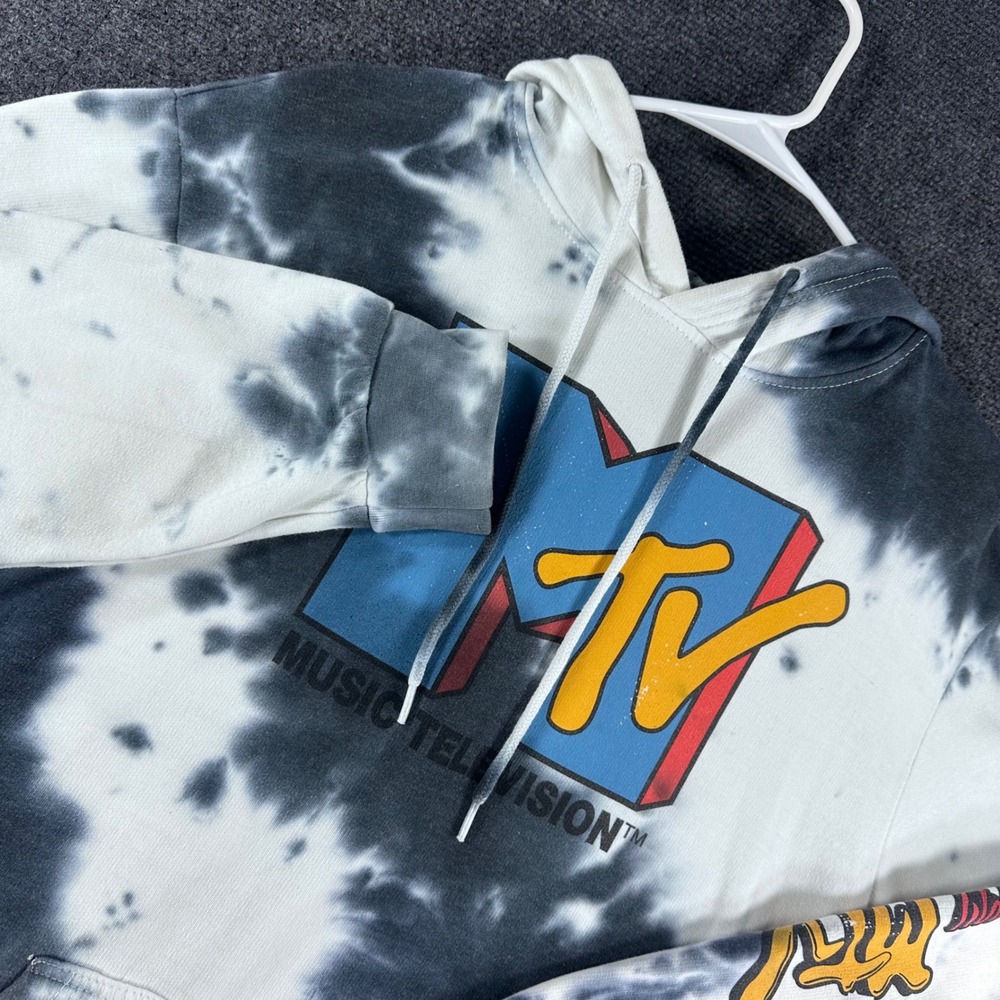 MTV Hoodie Mens L Large Black White Tie Dye Graphic Logo I Want My MTV Pullover